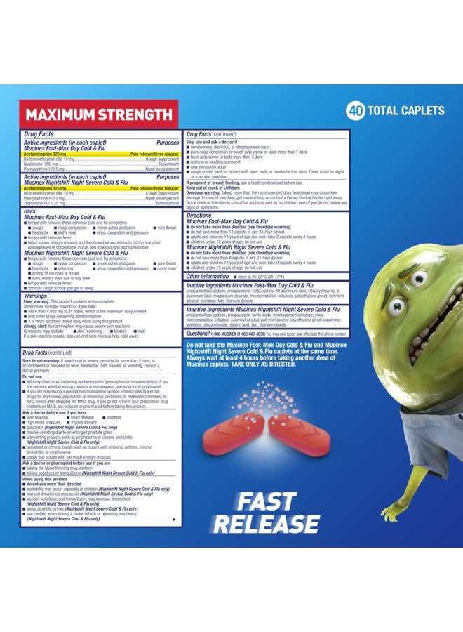 MUCINEX دواء فاست-ماكس للبرد والإنفلونزا نهارًا ودواء نايتشيفت للبرد والإنفلونزا الشديدة ليلًا للبالغين، عبوة مجموعة نهار/ليل للحمى، تخفيف التهاب الحلق، مزيل احتقان، أدوية السعال والبرد، 40 قرصًا - Image 5