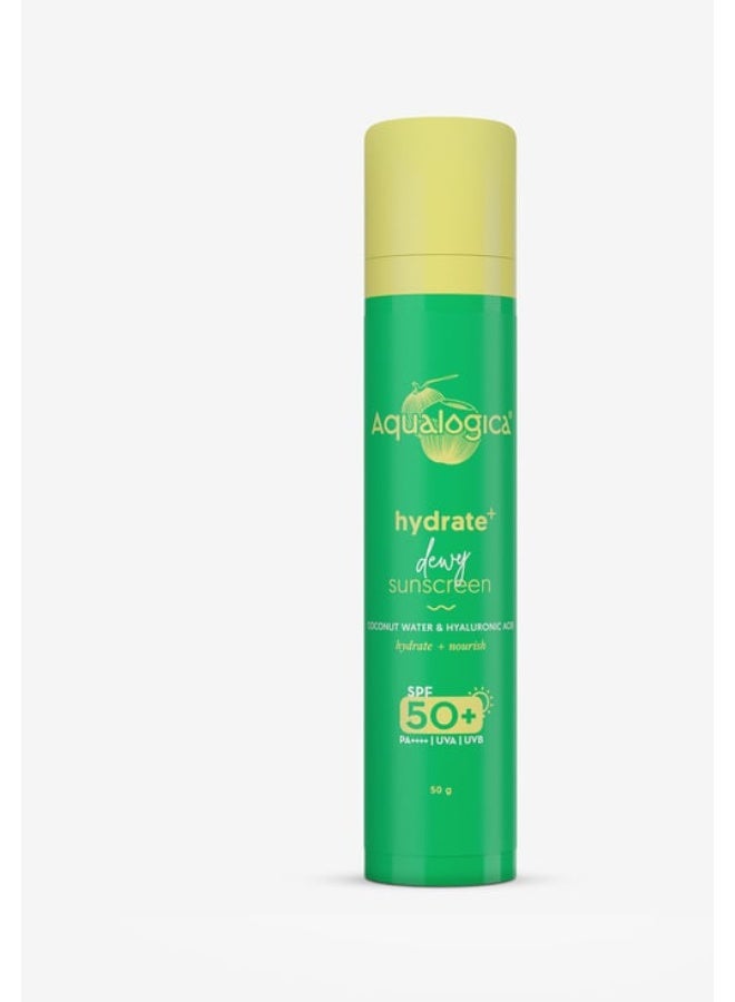 Aqualogica Hydrate+ Dewy Sunscreen SPF 50 PA+++ 50g | UVA/B & Blue Light Protection for Men & Women | For Oily, Combination & Dry Skin | Fragrance-Free - Image 1