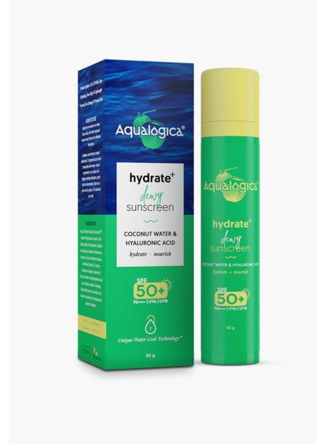 Aqualogica Hydrate+ Dewy Sunscreen SPF 50 PA+++ 50g | UVA/B & Blue Light Protection for Men & Women | For Oily, Combination & Dry Skin | Fragrance-Free - Image 2