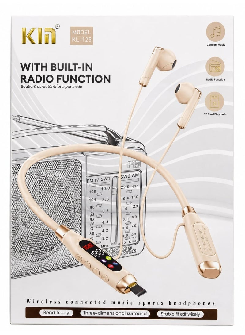 KIN KL 125 Bluetooth Neckband With FM Radio – 48H Playtime, 380 Days Standby, LED Display, TF Card Slot, Multifunction Button Control, Wireless Stereo Headset- Beige colour