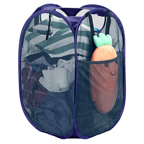 HOUSE AGAIN Reinforced Strong Mesh Popup Laundry Hamper Quality Collapsible Laundry Basket with Durable Handles Solid Bottom High Carbon Steel Frame Easy to Open and Fold Flat for StorageBlue