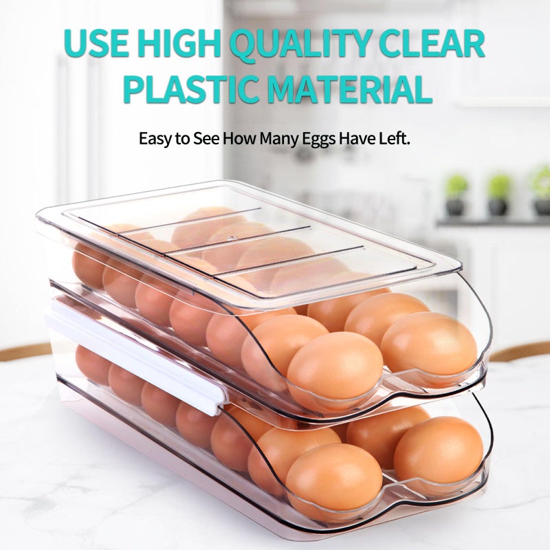 RoskDeewat Egg Holder for Fridge, Automatic Rolling Egg Container for Refrigerator, Stackable Fridge Organizers and Storage with Lid, Clear Plastic Egg Dispenser & Tray (2 Tier) - Image 5