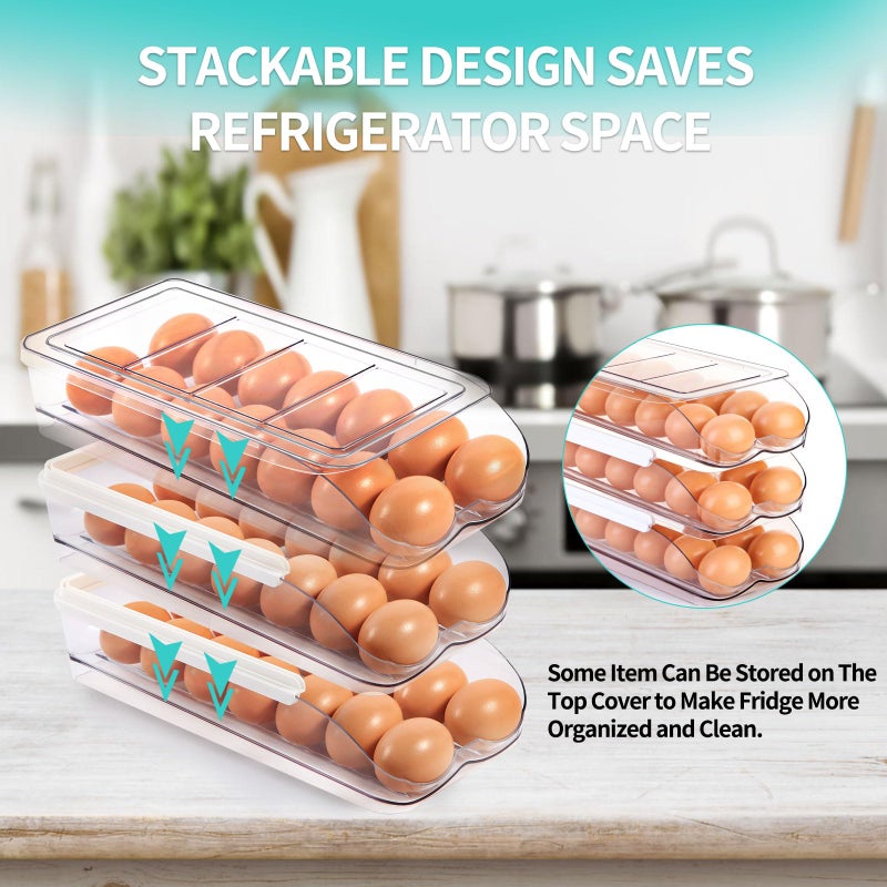 RoskDeewat Egg Holder for Fridge, Automatic Rolling Egg Container for Refrigerator, Stackable Fridge Organizers and Storage with Lid, Clear Plastic Egg Dispenser & Tray (2 Tier) - Image 4