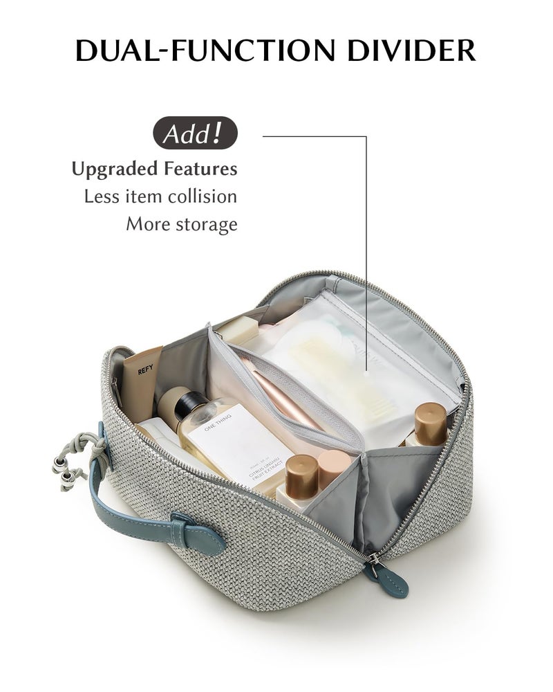 EACHY Makeup Bag, Woven Travel Toiletry Bag, Portable 180Â° Wide-Open Flat Cosmetic Bags for Women, Large Capacity Makeup Pouch with Divider and Handle - Image 3