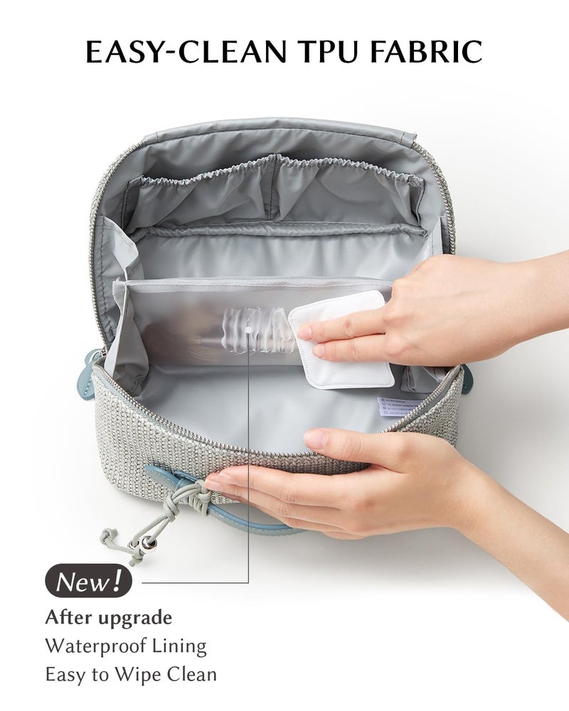 EACHY Makeup Bag, Woven Travel Toiletry Bag, Portable 180Â° Wide-Open Flat Cosmetic Bags for Women, Large Capacity Makeup Pouch with Divider and Handle - Image 4