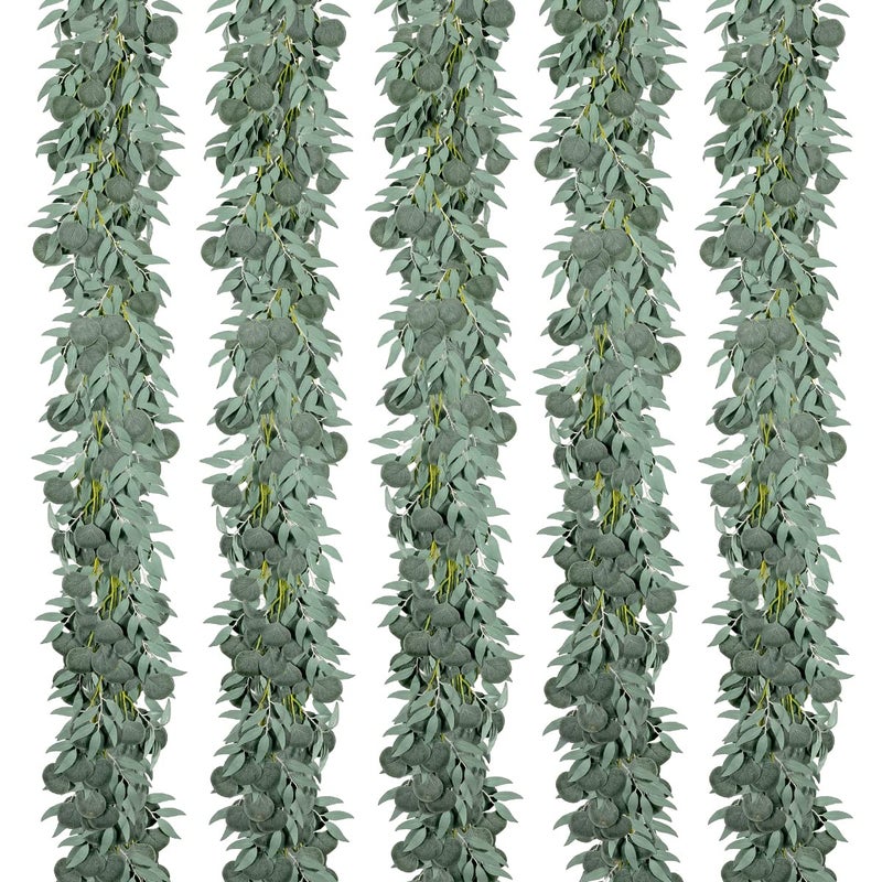 Kisflower 5 Pack 6.56FT Green Eucalyptus Garland for Decoration Table with Willow Leaves Greenery Garland Fake Hanging Plants Vines for Wedding Arch Decor Party Room Home Garden Office Wall Decor - Image 1