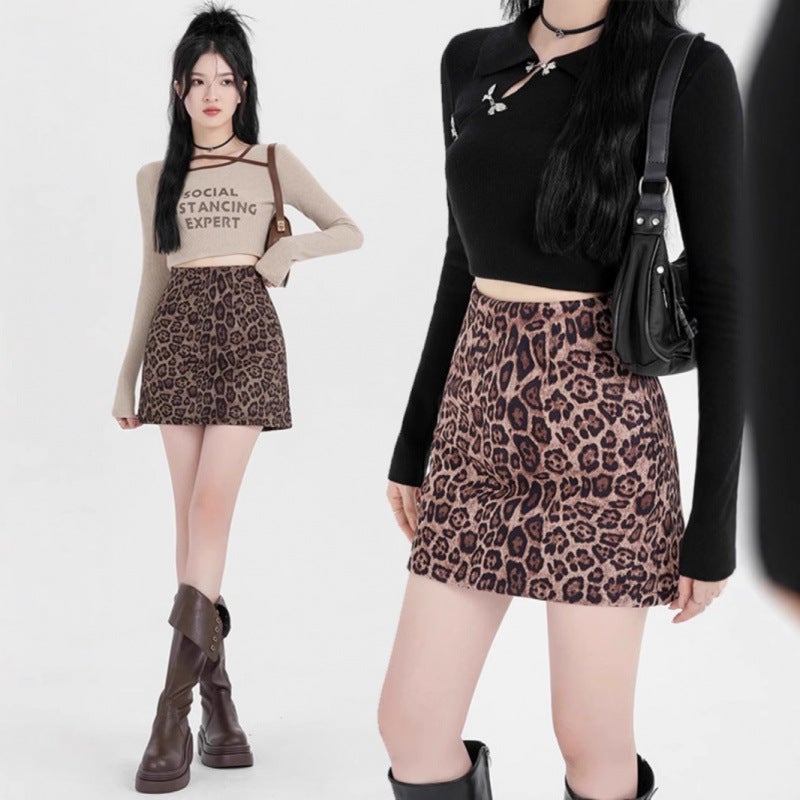 American Style Retro Anti-Deerskin Fleece Leopard Print Skirt Women'S Girl Style High Waist Anti-Running-Off Short Hip Skirt - Image 4