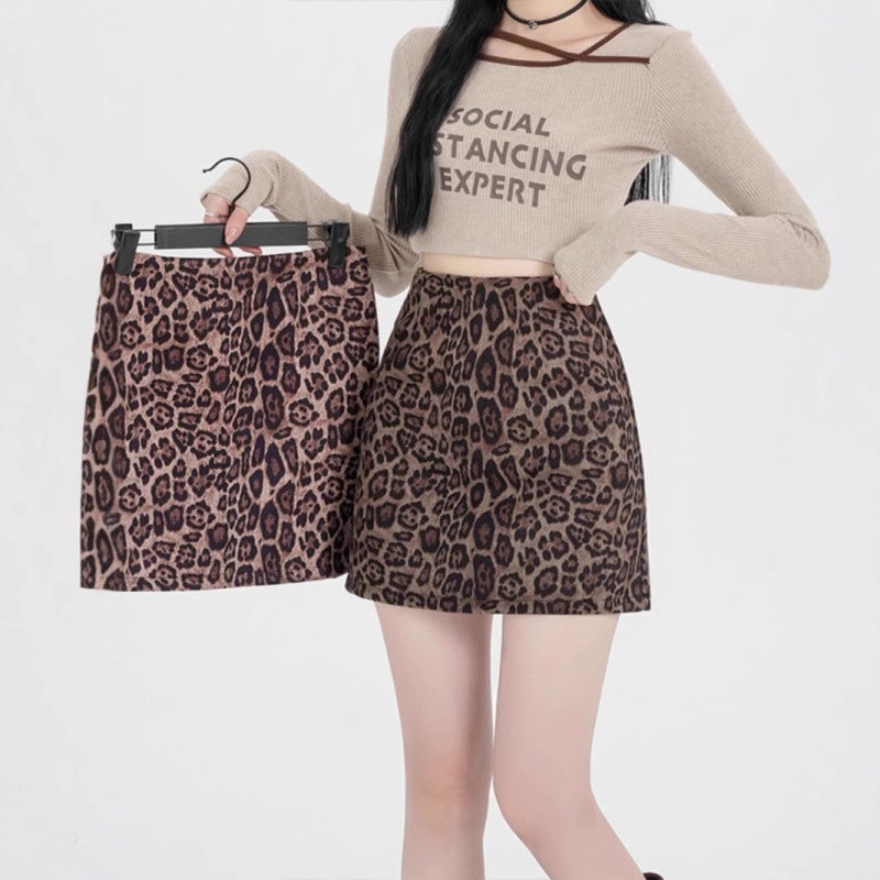 American Style Retro Anti-Deerskin Fleece Leopard Print Skirt Women'S Girl Style High Waist Anti-Running-Off Short Hip Skirt - Image 2