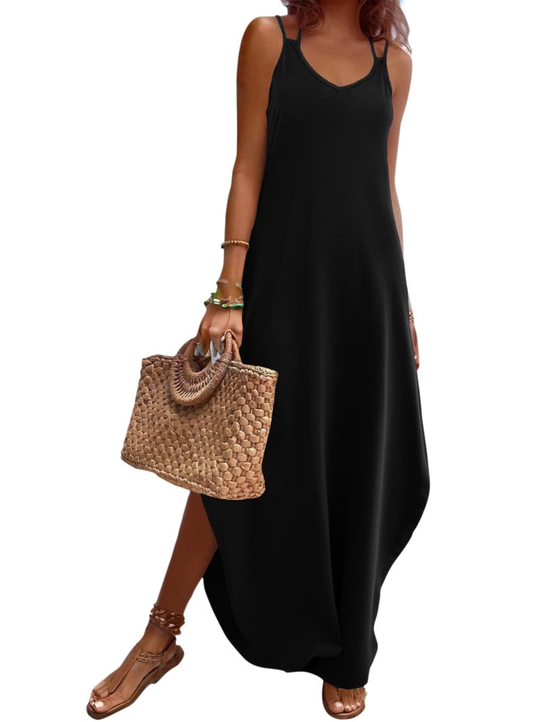 Zeagoo Summer Dresses for Women Casual Black Dress Strappy V Neck Sleeveless Loose Long Maxi Beach Sundress Black S - Image 1