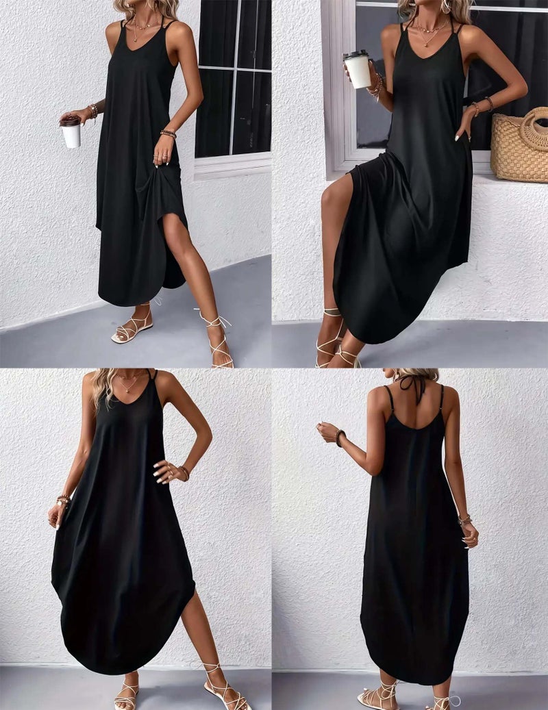 Zeagoo Summer Dresses for Women Casual Black Dress Strappy V Neck Sleeveless Loose Long Maxi Beach Sundress Black S - Image 5