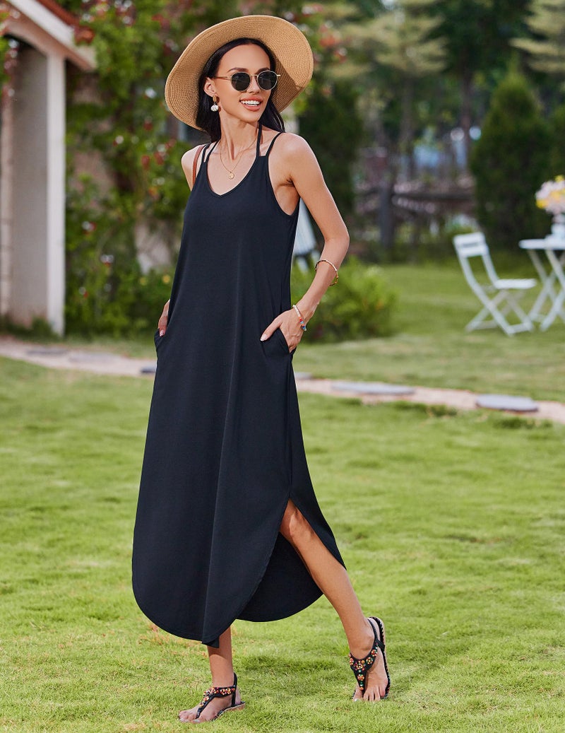 Zeagoo Summer Dresses for Women Casual Black Dress Strappy V Neck Sleeveless Loose Long Maxi Beach Sundress Black S - Image 4