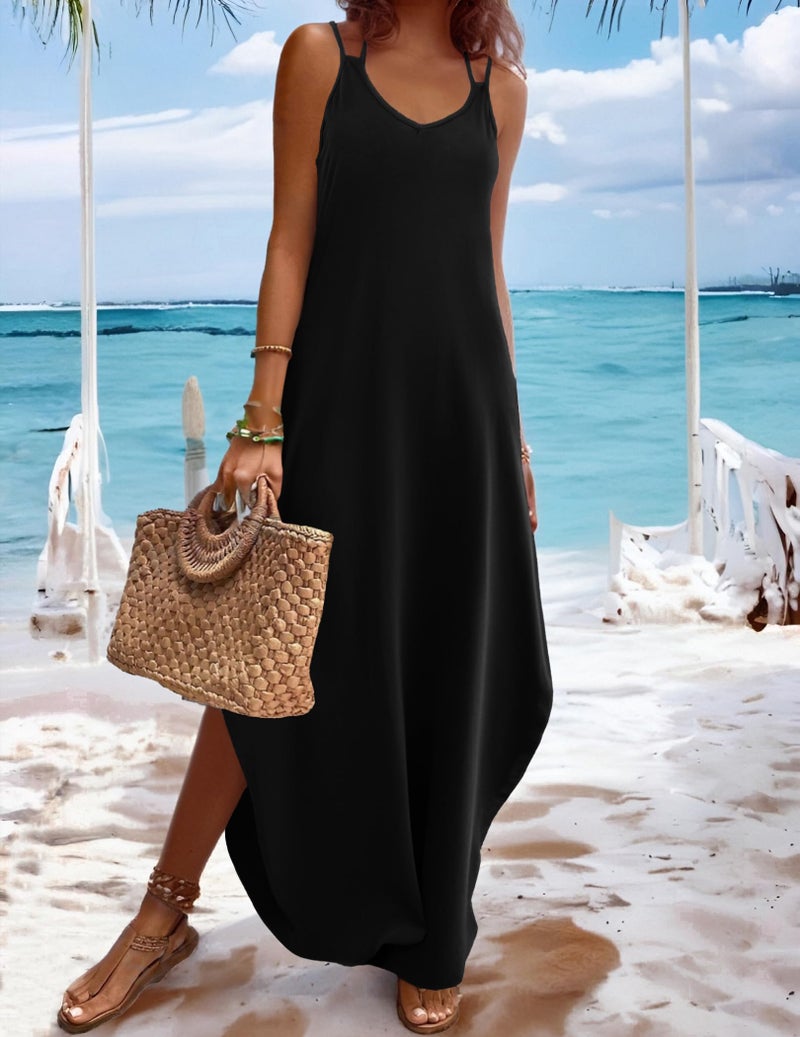Zeagoo Summer Dresses for Women Casual Black Dress Strappy V Neck Sleeveless Loose Long Maxi Beach Sundress Black S - Image 2