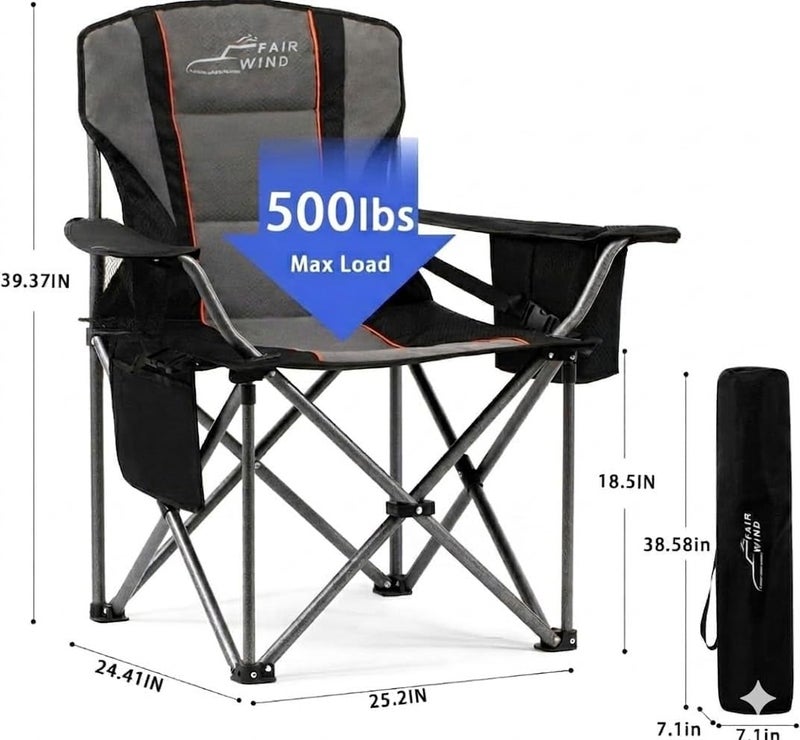 FAIR WIND 2 Pack Oversized Camping Chair 500LBS Capacity Heavy Duty Padded Folding Chair for Heavy People Portable Lawn Chair with Adjustable Lumbar Support, Cooler Bag & Cup Holder for Outdoor, Beach - Image 2
