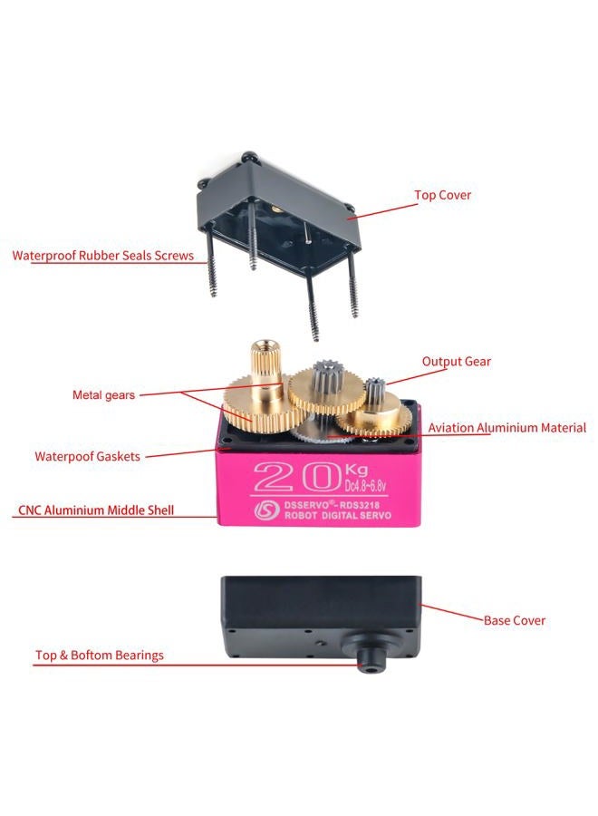 Wishiot RDS3218 20KG Servo Motor 180° Waterproof Full Metal Gear Steering Digital Servo Metal Bracket Double Bearing with U Mounting Bracket for RC Car Robot DIY 1/8 1/10 (20KG 180°) - Image 4