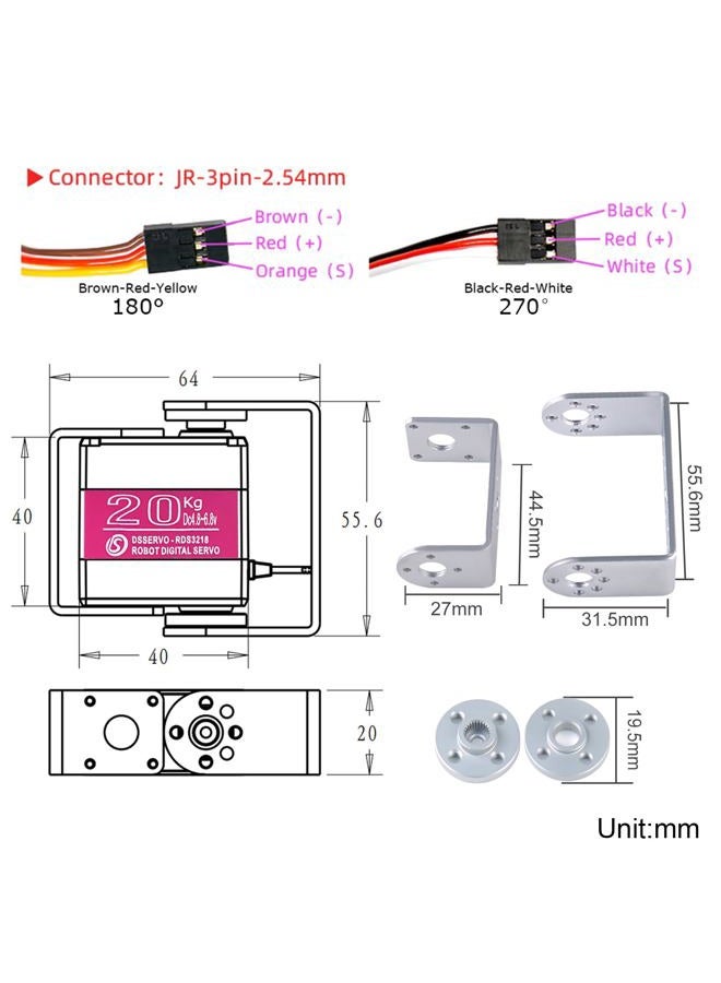 Wishiot RDS3218 20KG Servo Motor 180° Waterproof Full Metal Gear Steering Digital Servo Metal Bracket Double Bearing with U Mounting Bracket for RC Car Robot DIY 1/8 1/10 (20KG 180°) - Image 5