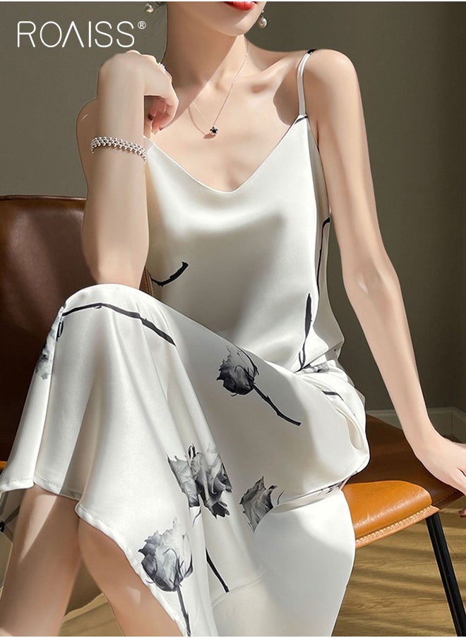 roaiss - Quality Satin Floral Printed Cami Dress for Women Stylish A-Line Dress Off-the-Shoulder Beach Dress for Vacation Ladies Elegant Silk Spaghetti Strap V-Neck Halter Midi Skirt for Summer - Image 1