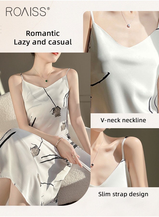roaiss - Quality Satin Floral Printed Cami Dress for Women Stylish A-Line Dress Off-the-Shoulder Beach Dress for Vacation Ladies Elegant Silk Spaghetti Strap V-Neck Halter Midi Skirt for Summer - Image 1