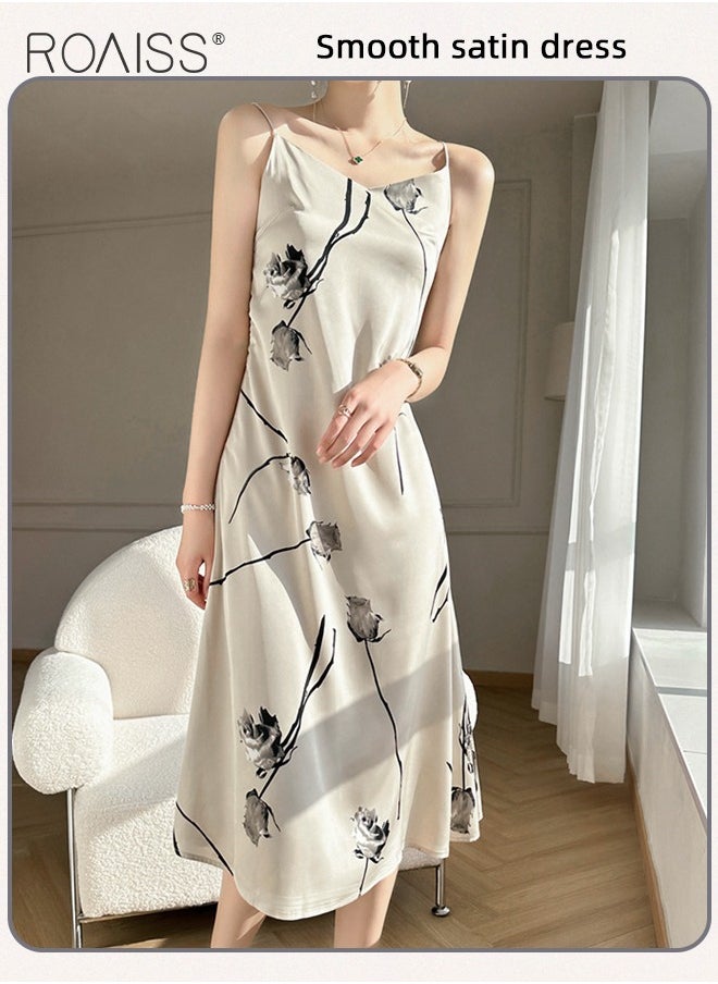 roaiss - Quality Satin Floral Printed Cami Dress for Women Stylish A-Line Dress Off-the-Shoulder Beach Dress for Vacation Ladies Elegant Silk Spaghetti Strap V-Neck Halter Midi Skirt for Summer - Image 1