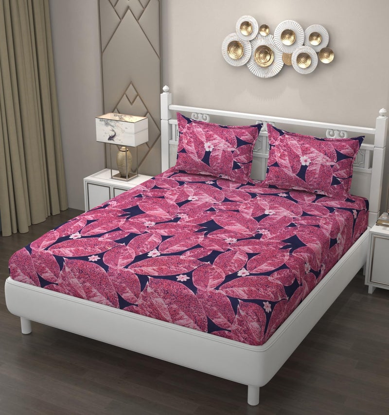 AMEYAA 180 TC Cotton Feel All Around Elastic Fitted Bedsheets, Elastic Fitted Bedsheets King Size Bedsheet for Double Bed with 2 Pillow Covers, Size - 72x78x8 Inches Red - Image 1