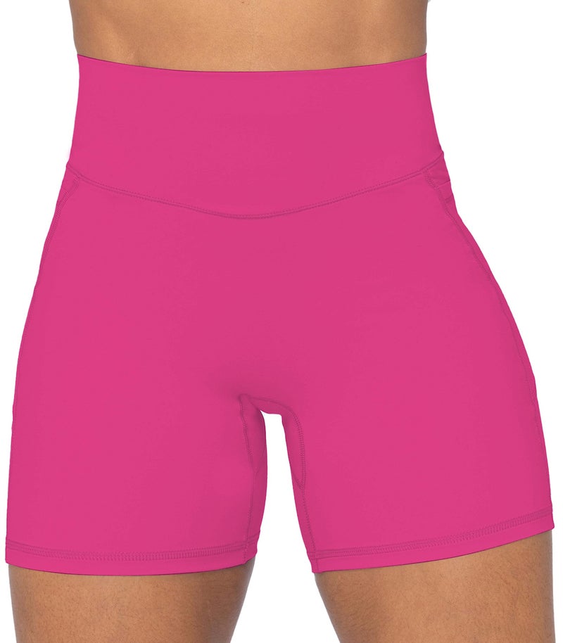 Sunzel No Front Seam Biker Shorts for Women with Pockets, Yoga Workout Gym Bike Shorts with Tummy Control 5" Sonic Pink Medium - Image 3