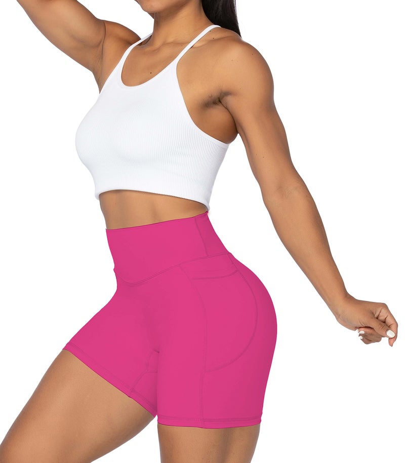 Sunzel No Front Seam Biker Shorts for Women with Pockets, Yoga Workout Gym Bike Shorts with Tummy Control 5" Sonic Pink Medium - Image 5
