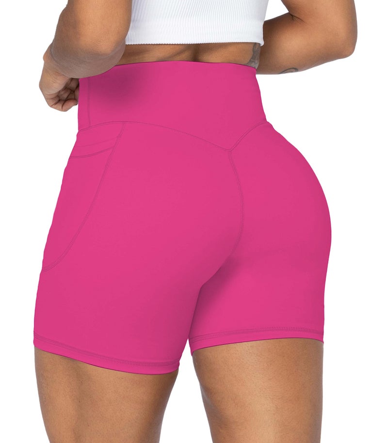 Sunzel No Front Seam Biker Shorts for Women with Pockets, Yoga Workout Gym Bike Shorts with Tummy Control 5" Sonic Pink Medium - Image 2