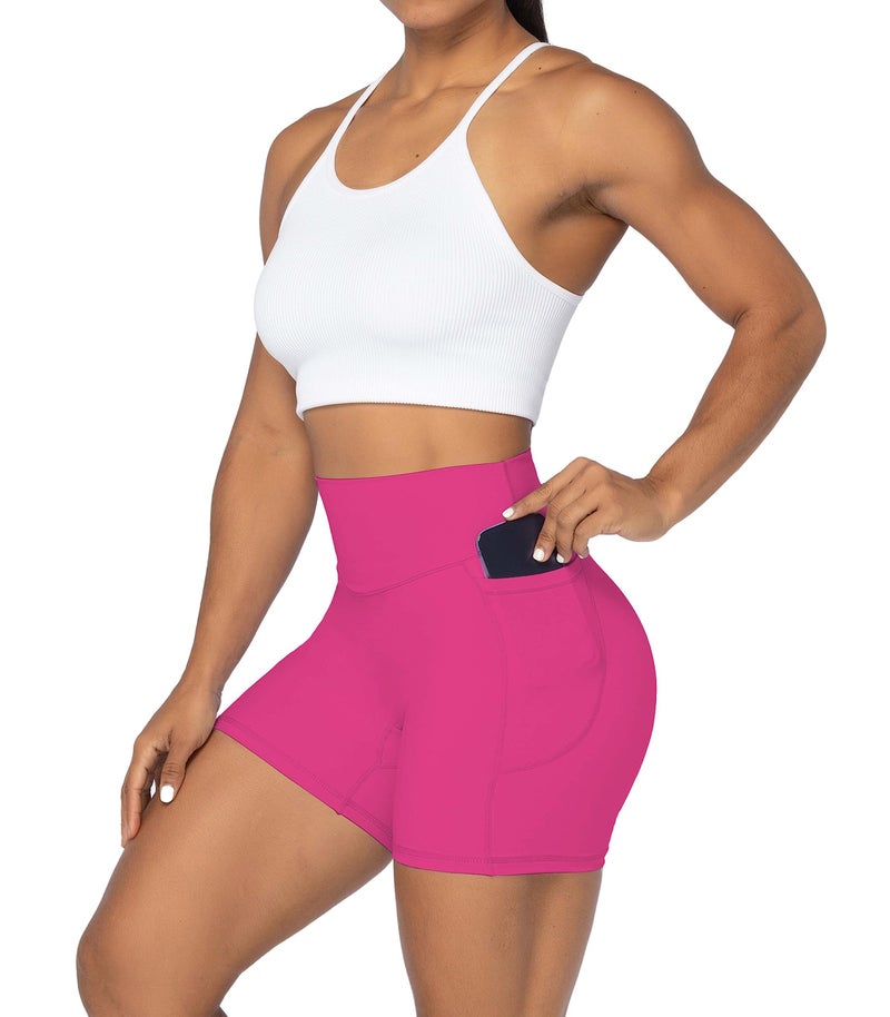 Sunzel No Front Seam Biker Shorts for Women with Pockets, Yoga Workout Gym Bike Shorts with Tummy Control 5" Sonic Pink Medium - Image 4