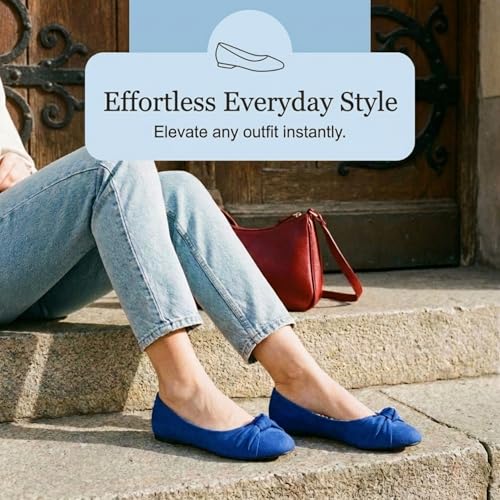 Epic Step Ballet Flats for Women, Comfortable Slip on Faux Suede Round Toe, Ballerina Dressy Flat Shoes (Blue, 8) - Image 2