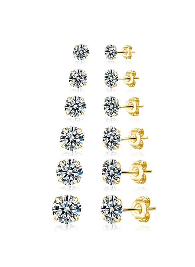 Senteria Cubic Zirconia Earrings Studs Set 14K Gold Plated Hypoallergenic Stud Earrings Lightweight Shiny Small Stud Earrings For Women 6 Pairs 2-7Mm  - Image 1