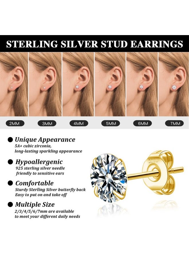 Senteria Cubic Zirconia Earrings Studs Set 14K Gold Plated Hypoallergenic Stud Earrings Lightweight Shiny Small Stud Earrings For Women 6 Pairs 2-7Mm  - Image 4