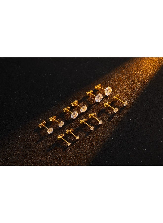 Senteria Cubic Zirconia Earrings Studs Set 14K Gold Plated Hypoallergenic Stud Earrings Lightweight Shiny Small Stud Earrings For Women 6 Pairs 2-7Mm  - Image 5