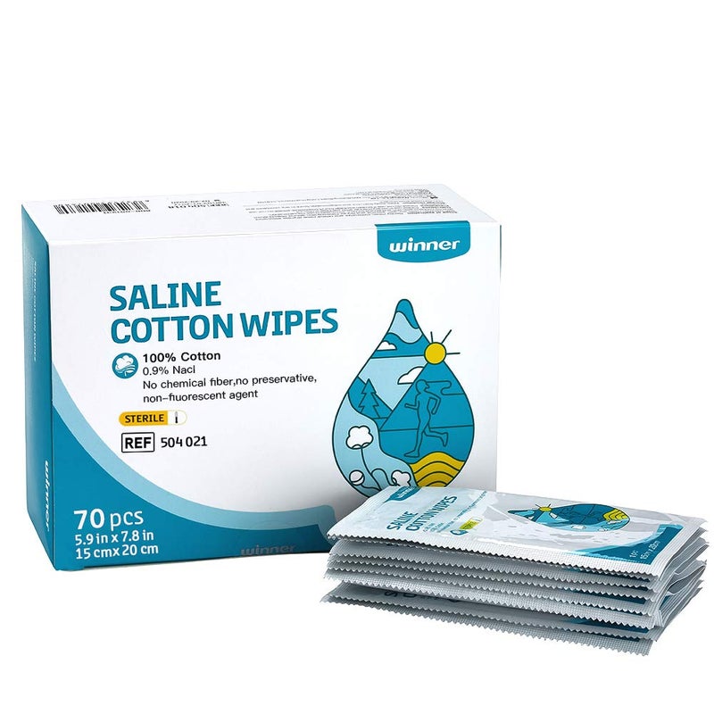 Winner Sterile Saline Wipes, 6" x 8" Large Personal Care Wipes, Gentle Saline Pads for Piercings, Multi-Purpose for Sensitive Eyes and Face, Individually Wrapped, 70 Count - Image 1