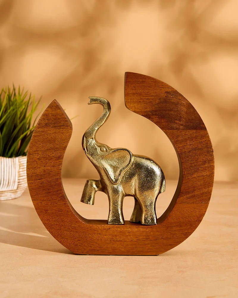 REDTAG Gold Elephant In Wooden Ring