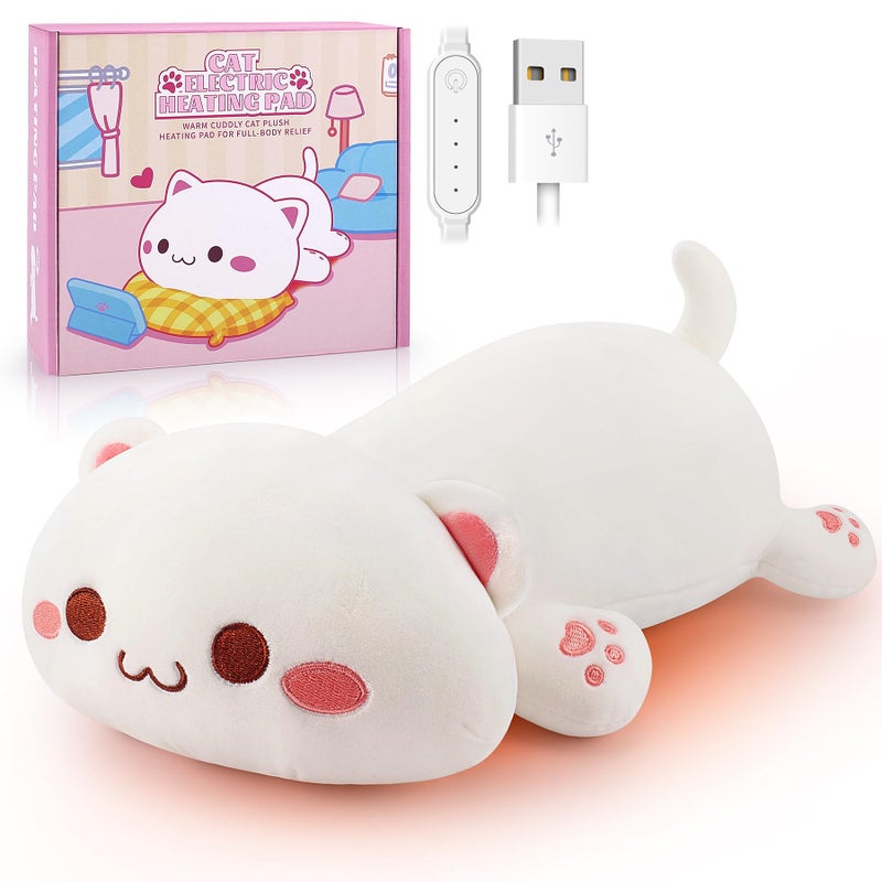 Auspicious beginning Electric Heating Pad for Period Cramps, Cuddly Soft 14" White Cat Plush with a Hot Soft Belly USB Powered, Heating Pad Neck Shoulder Pain Relief, Gift for Women Daughter Wife - Image 1