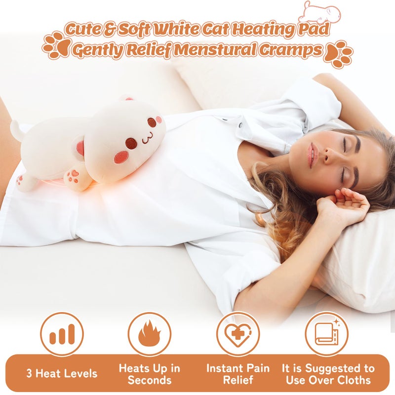 Auspicious beginning Electric Heating Pad for Period Cramps, Cuddly Soft 14" White Cat Plush with a Hot Soft Belly USB Powered, Heating Pad Neck Shoulder Pain Relief, Gift for Women Daughter Wife - Image 2