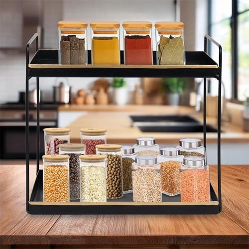 Niyara Iron Metal Heavy Duty Stand Multistorage/Multipurpose Standing Rack, Bathroom Countertop Storage Shelf Cosmetic Organizer Holder Kitchen Spice Rack (Square black with gold) - Image 1