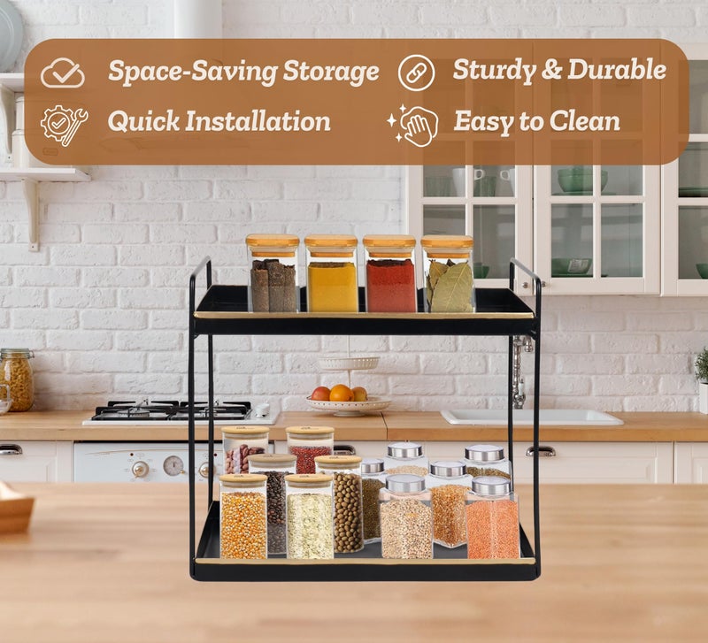 Niyara Iron Metal Heavy Duty Stand Multistorage/Multipurpose Standing Rack, Bathroom Countertop Storage Shelf Cosmetic Organizer Holder Kitchen Spice Rack (Square black with gold) - Image 3