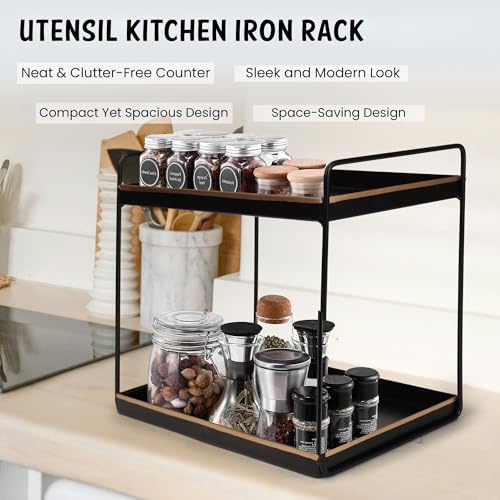 Niyara Iron Metal Heavy Duty Stand Multistorage/Multipurpose Standing Rack, Bathroom Countertop Storage Shelf Cosmetic Organizer Holder Kitchen Spice Rack (Square black with gold) - Image 2