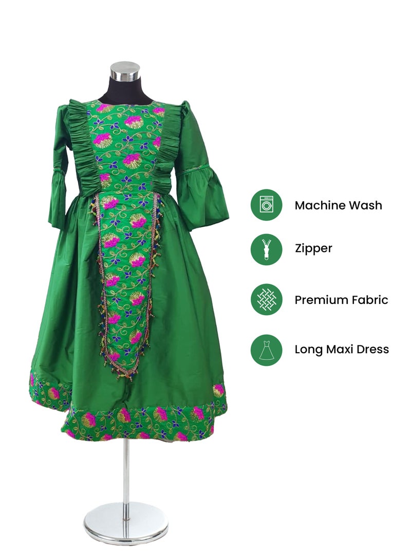 Lamora Haq Al Laila Collection Qarqaan Dress for Girls | Long Maxi Dress with Exquisite Embroidery | Perfect for Traditional and National Occasions, Complete with a Complimentary Soft Crepe-Lined Bag.  - Image 2