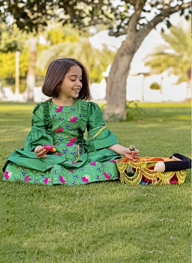 Lamora Haq Al Laila Collection Qarqaan Dress for Girls | Long Maxi Dress with Exquisite Embroidery | Perfect for Traditional and National Occasions, Complete with a Complimentary Soft Crepe-Lined Bag.  - Image 3