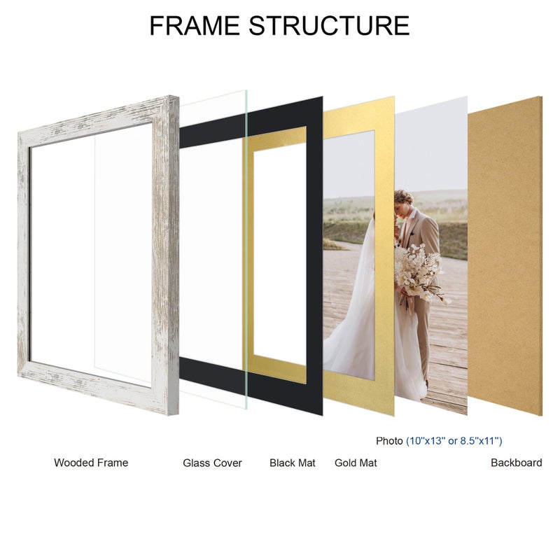 Hongkee 10x13 Picture Frame Set of 4, Made of Real Glass and Distressed White Frame, 10 by 13 Photo for Wall or Tabletop - Display Picture 8.5x11 with Mat or 10x13 Without Mat - Image 3
