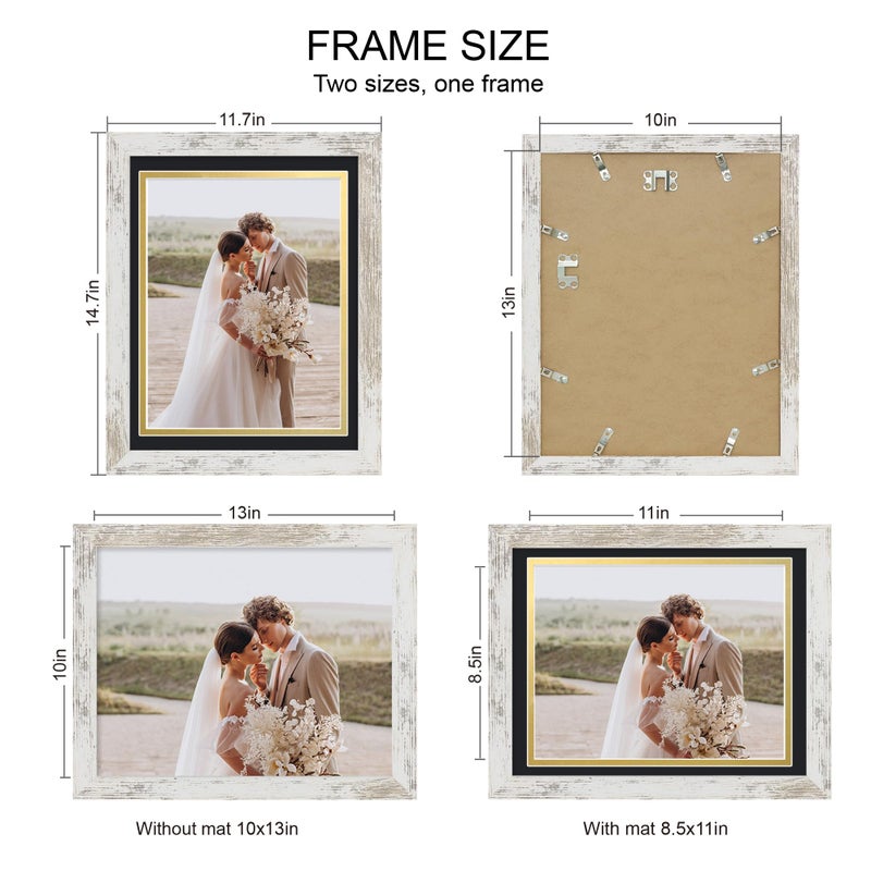 Hongkee 10x13 Picture Frame Set of 4, Made of Real Glass and Distressed White Frame, 10 by 13 Photo for Wall or Tabletop - Display Picture 8.5x11 with Mat or 10x13 Without Mat - Image 2