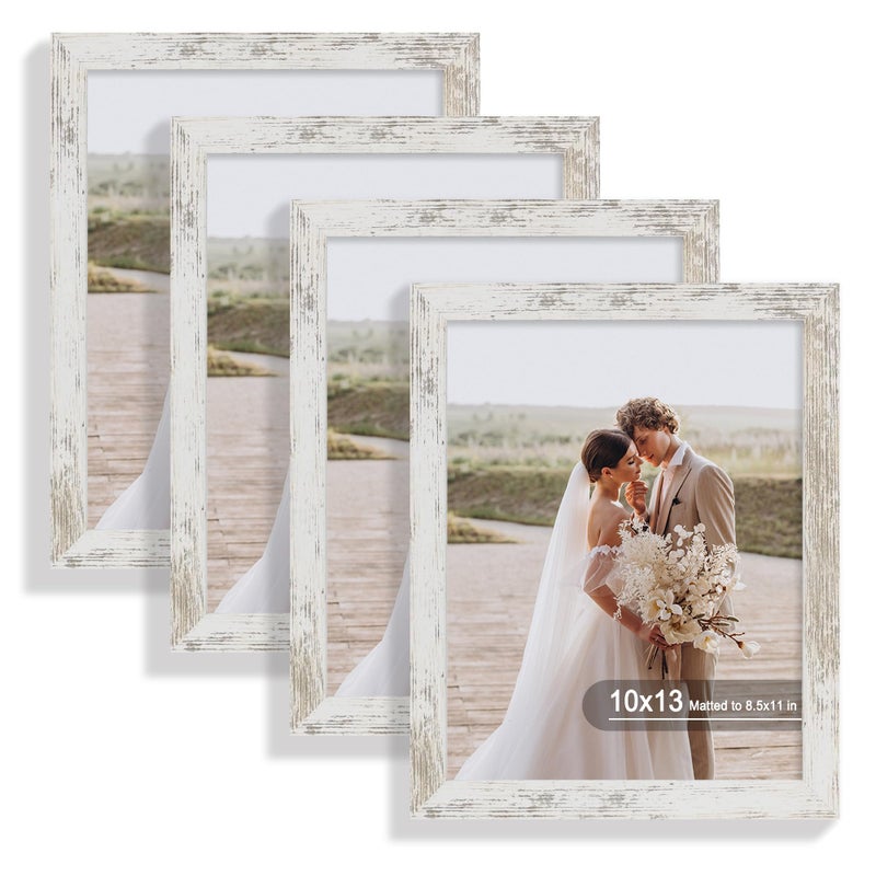 Hongkee 10x13 Picture Frame Set of 4, Made of Real Glass and Distressed White Frame, 10 by 13 Photo for Wall or Tabletop - Display Picture 8.5x11 with Mat or 10x13 Without Mat - Image 1