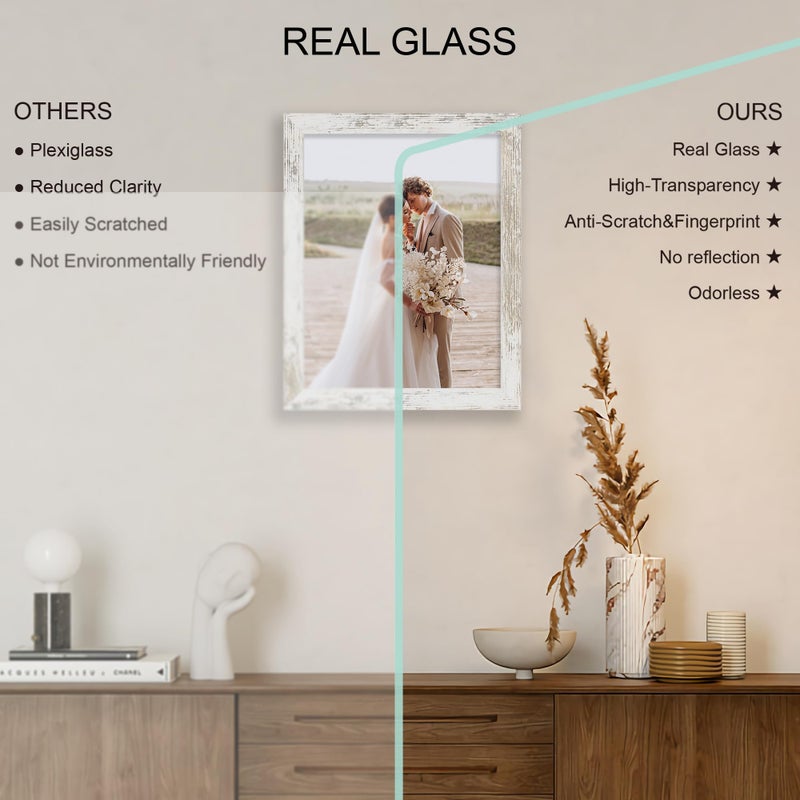 Hongkee 10x13 Picture Frame Set of 4, Made of Real Glass and Distressed White Frame, 10 by 13 Photo for Wall or Tabletop - Display Picture 8.5x11 with Mat or 10x13 Without Mat - Image 4