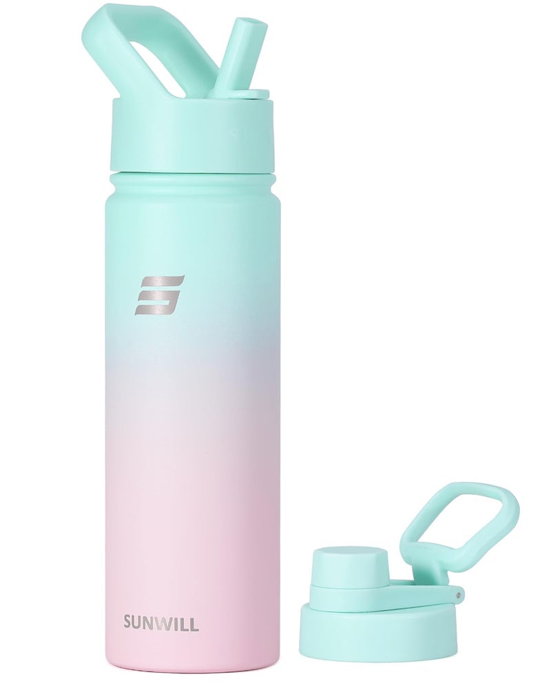 SUNWILL Stainless Steel Water Bottle with Straw 650ml Insulated Water Bottle Metal Leakproof Water Flask for Gym  Travel Gradiant Mint Sakura