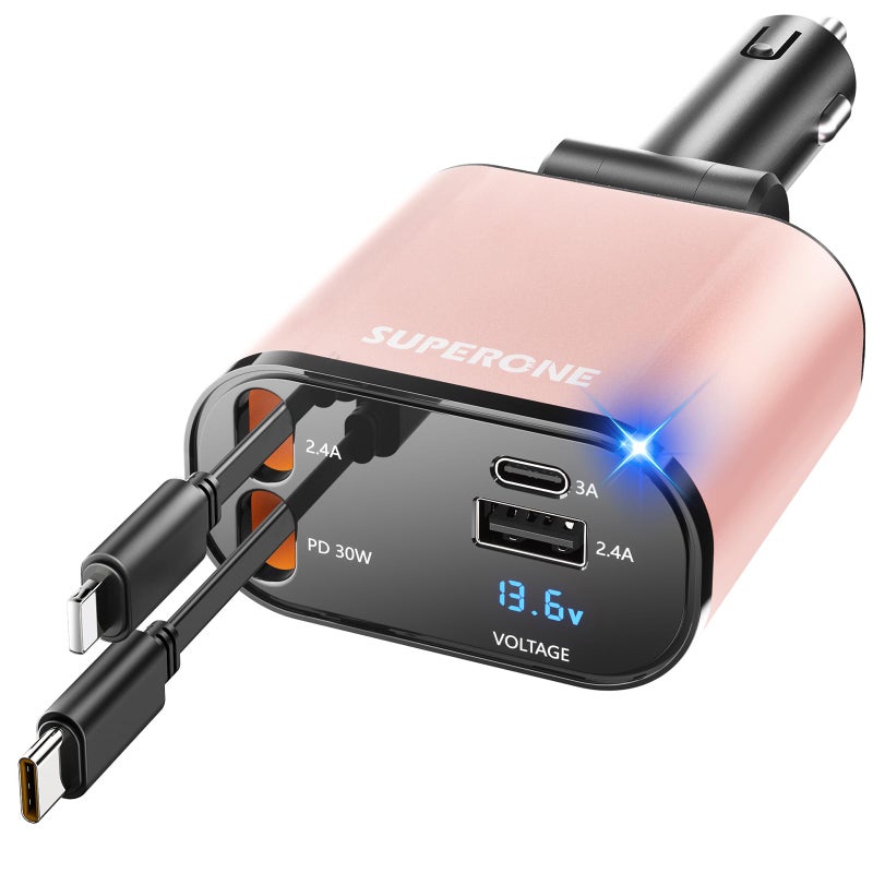 SUPERONE ã€Upgradedã€‘ SUPERONE Retractable Car Charger 4 in 1, Fast Car Phone Charger with Cord 2.6ft, USB C Car Charger Adapter, Compatible with iPhone 17/16/15/15 Pro Max/14/13/12/11, Galaxy, Pixel - Image 1