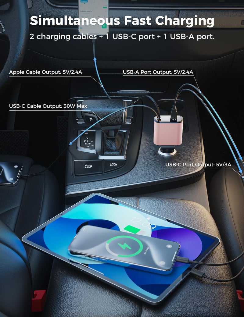 SUPERONE ã€Upgradedã€‘ SUPERONE Retractable Car Charger 4 in 1, Fast Car Phone Charger with Cord 2.6ft, USB C Car Charger Adapter, Compatible with iPhone 17/16/15/15 Pro Max/14/13/12/11, Galaxy, Pixel - Image 3