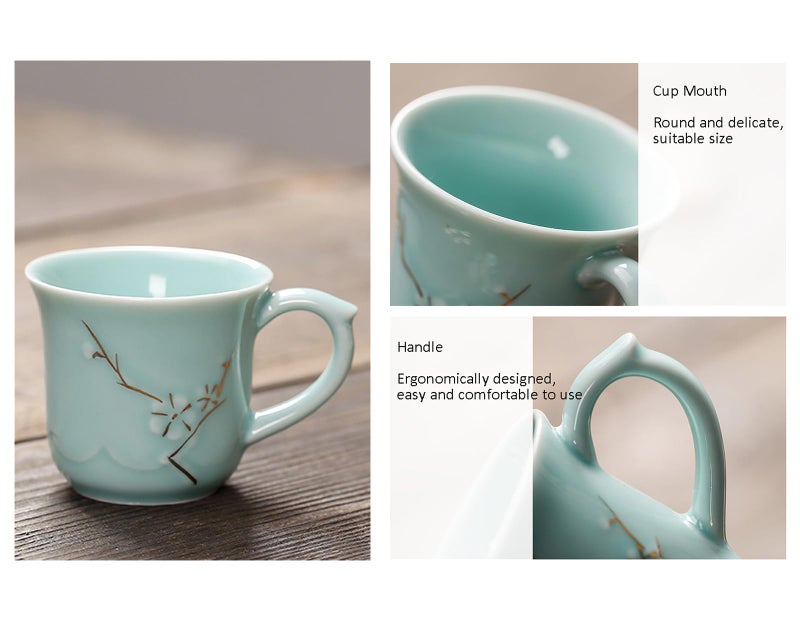 KEYDUACU Japanese Tea Set, Celadon Ceramic Tea Set, Plum Blossom Embossed, Includes 1 Teapot, 6 Anti-scald Teacups,Tea Tray,Strainer, Home, Outdoor, Gift, Chinese Kung Fu Tea Set(FDMH-FT-CYAN) - Image 5