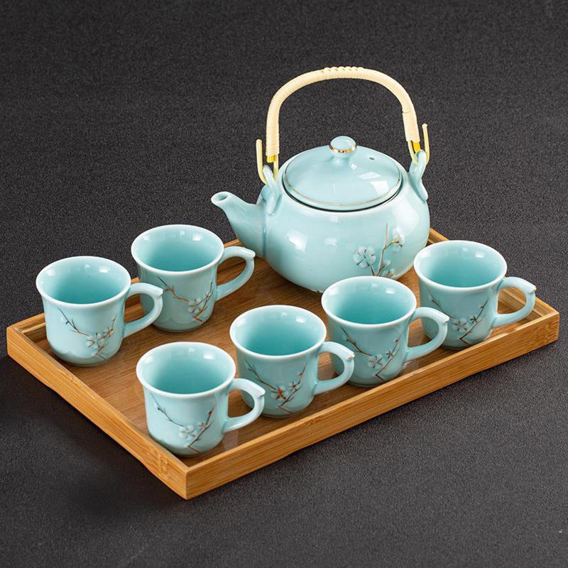 KEYDUACU Japanese Tea Set, Celadon Ceramic Tea Set, Plum Blossom Embossed, Includes 1 Teapot, 6 Anti-scald Teacups,Tea Tray,Strainer, Home, Outdoor, Gift, Chinese Kung Fu Tea Set(FDMH-FT-CYAN) - Image 2