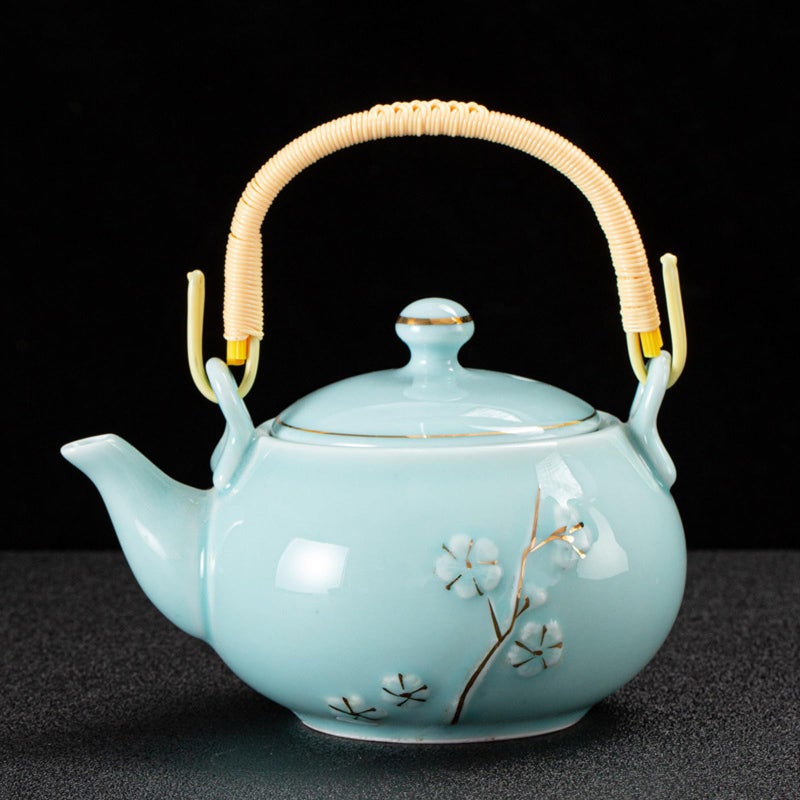 KEYDUACU Japanese Tea Set, Celadon Ceramic Tea Set, Plum Blossom Embossed, Includes 1 Teapot, 6 Anti-scald Teacups,Tea Tray,Strainer, Home, Outdoor, Gift, Chinese Kung Fu Tea Set(FDMH-FT-CYAN) - Image 3